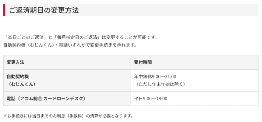 アコムのHP 返済日の変更方法