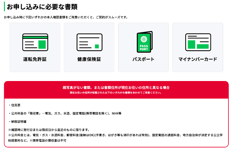 セントラルのホームページ　申し込みに必要な書類など