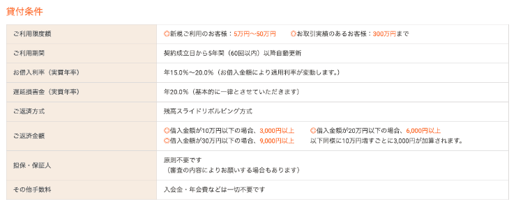 キャネットのホームページ　貸付条件など
