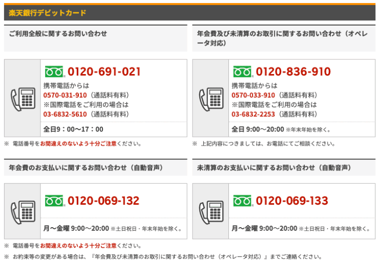 楽天デビットカードのホームページ 問い合わせ窓口一覧