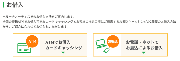 ベルーナノーティスのホームページ 借入方法