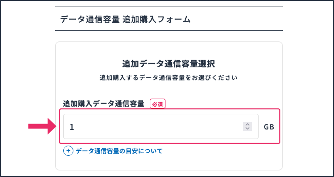 データ通信容量追加購入ページでは、購入したいGB量を選択していただけます。